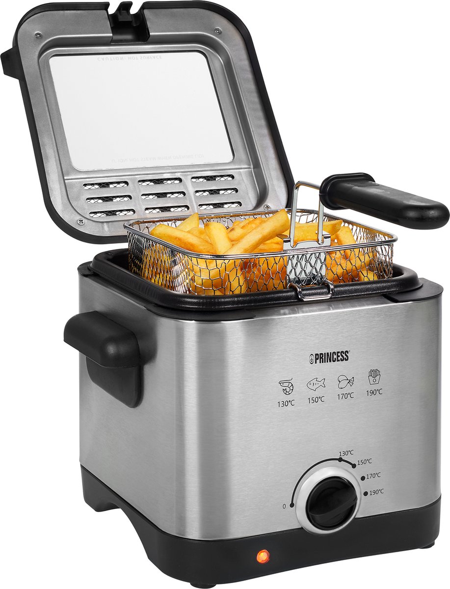 Princess Mini friteuse - 1.5 Liter - Regelbare thermostaat - Geurfilter - Kijkvenster - Compact - Geschikt voor camping - 1000W - 182612 - Geborsteld RVS