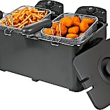 COOK-IT Dubbele Frituurpan 6L - Friteuse 2 x 3 Liter - 2 Aparte Manden - Temperatuur Apart Instelbaar 115-190°C - Voor Friet & Snacks - Zwart