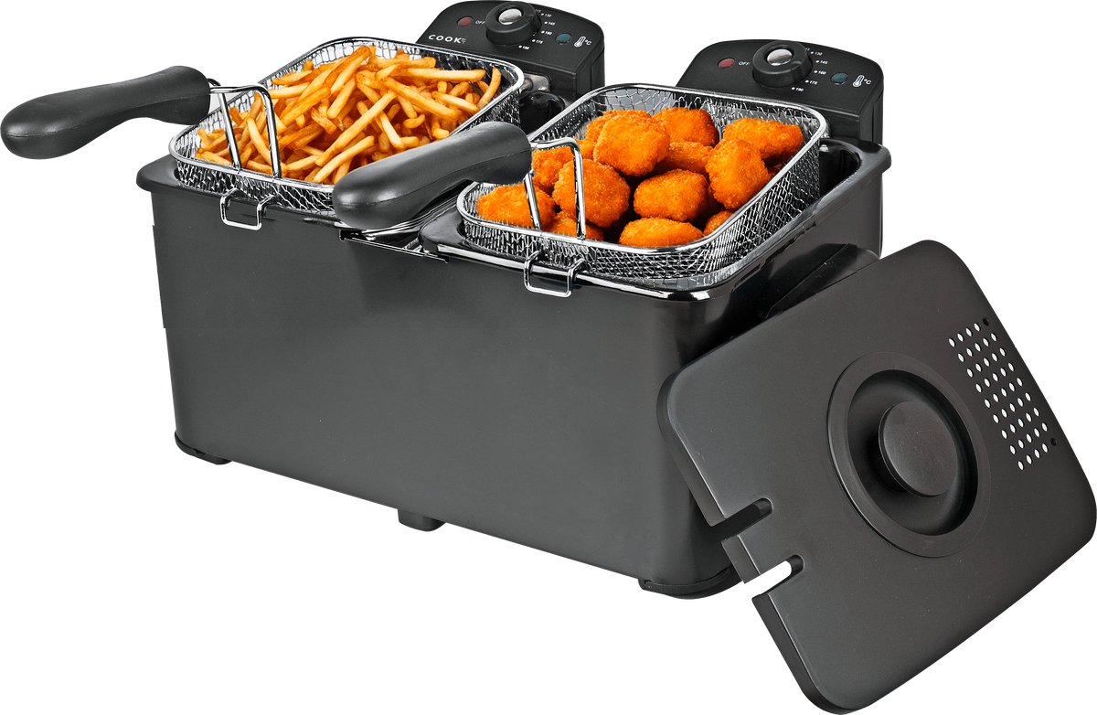 COOK-IT Dubbele Frituurpan 6L - Friteuse 2 x 3 Liter - 2 Aparte Manden - Temperatuur Apart Instelbaar 115-190°C - Voor Friet & Snacks - Zwart